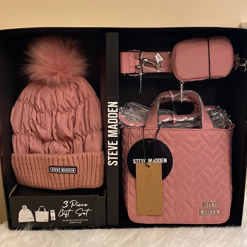 NWT Steve Madden Tote/Crossbody w/ AirPod Case and Hat- 3pc Gift Set - Mauve - Picture 2 of 15